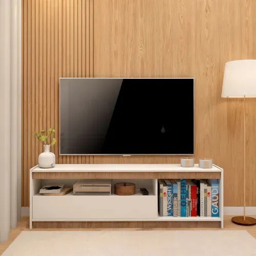 Rack Com Pes Sala Tv 130cm Branco Amadeirado Multiuso Branco Viena | Tam: 130cm