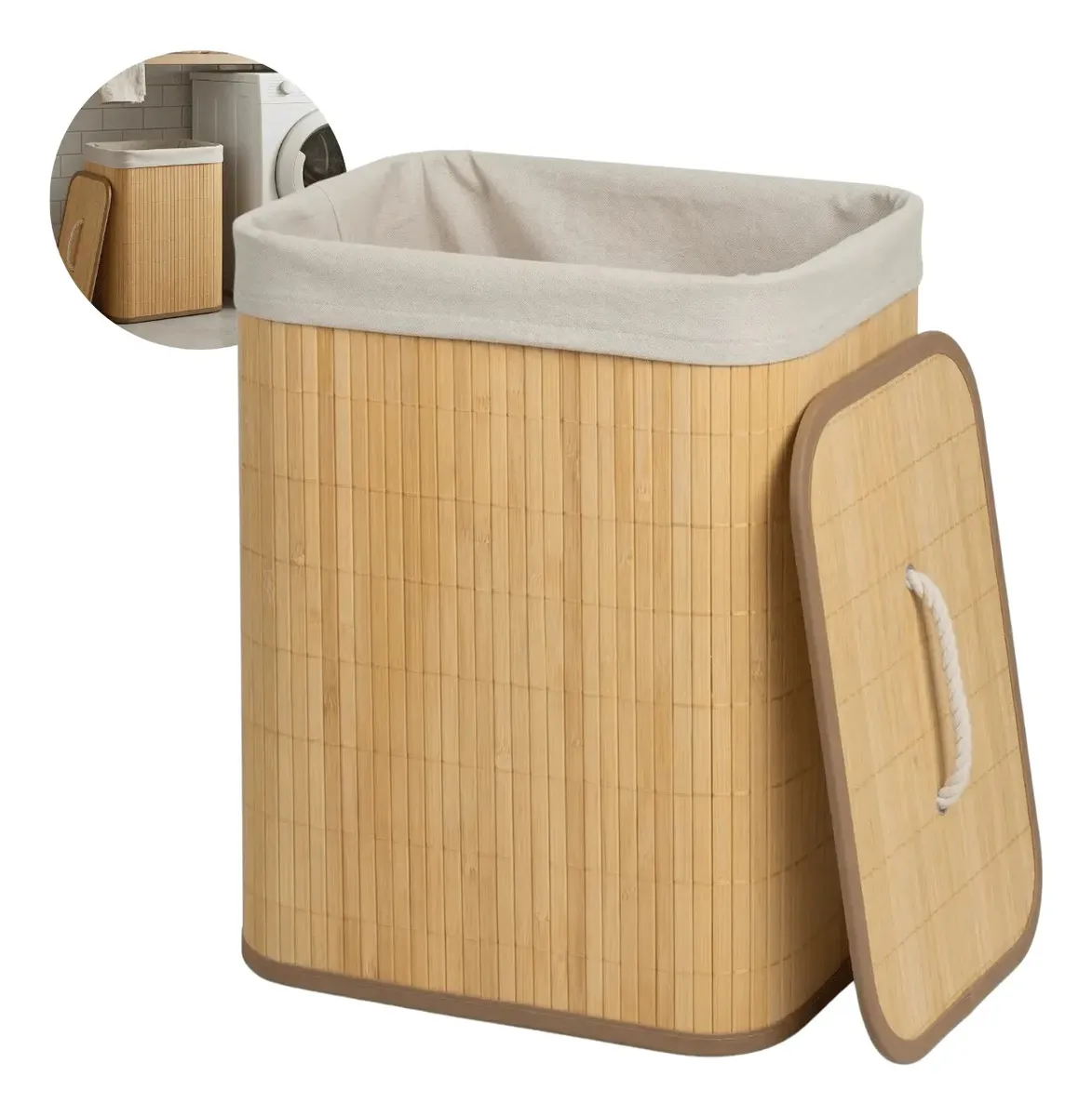 Cesto De Roupa Bambu Natural Dobrável Retangular Com Tampa E Forro 50L Espaçoso Ideal Para Organizar Roupas, Toalhas E Peças Do Dia A Dia SHOKKI