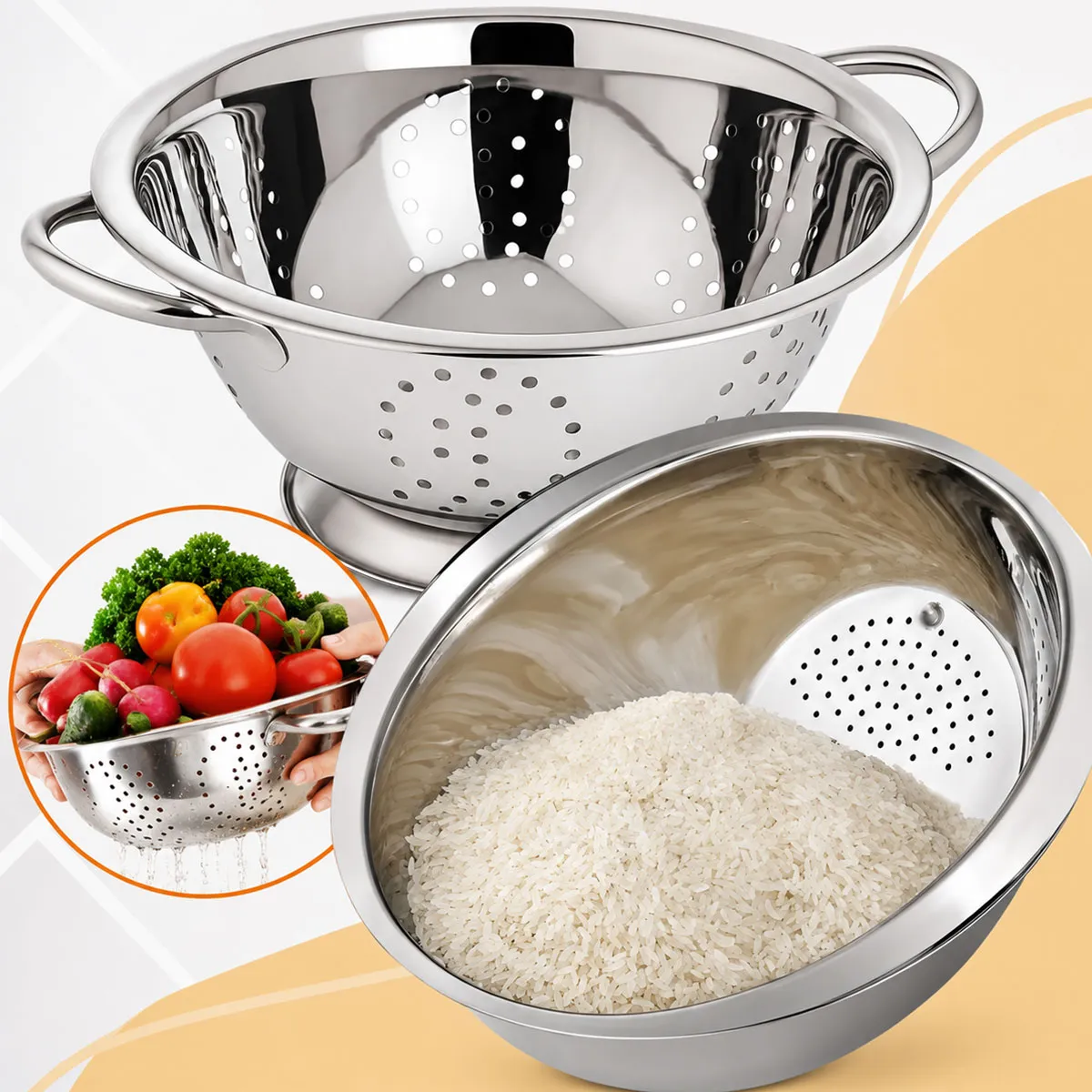 Kit Escorredor De Macarrão Massas+ Escorredor Arroz Aço Inox
