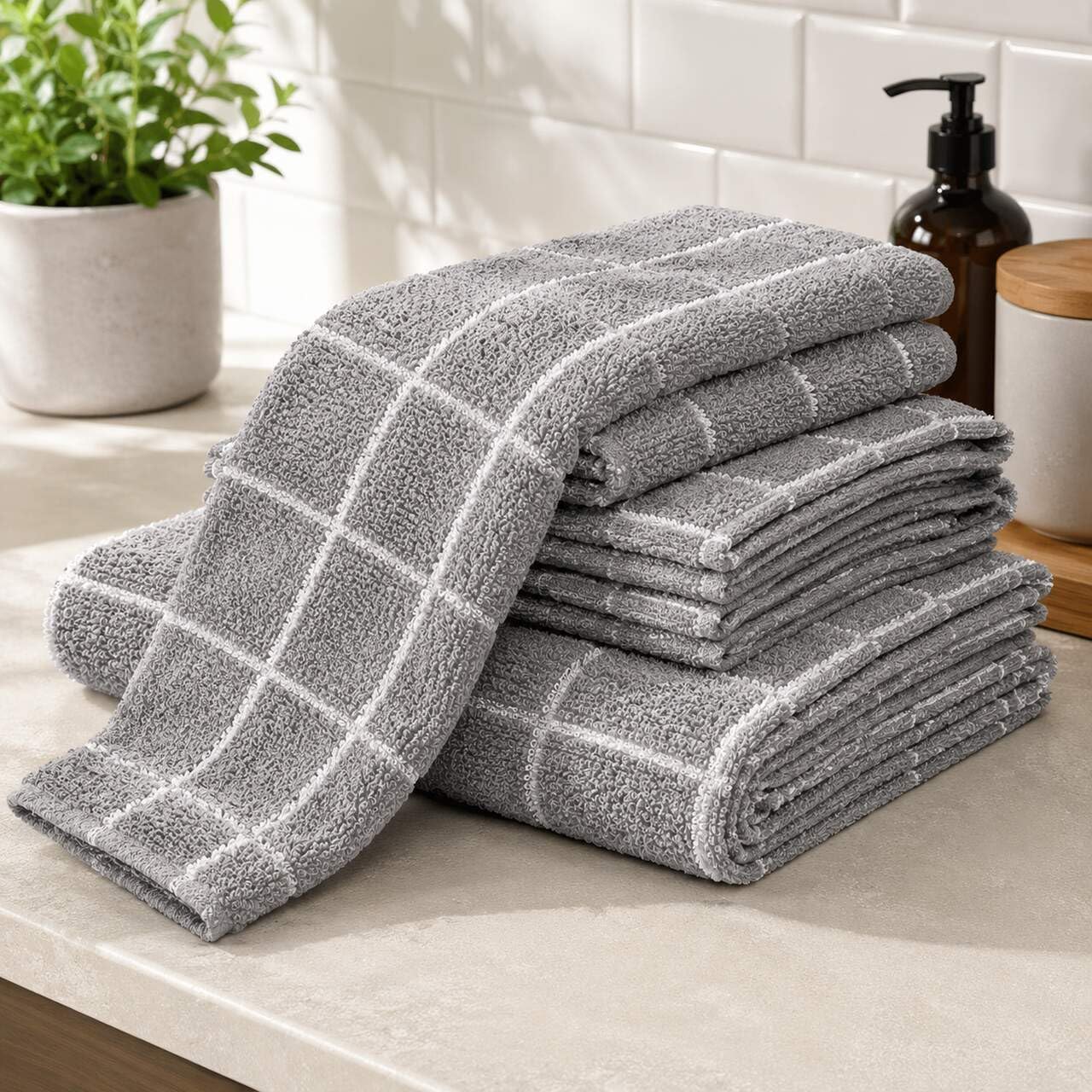 Kit 5 Pano de Prato Atoalhado Chef Premium 100% Algodão Alta Absorção Felpudo Cozinha Listrado Cinza