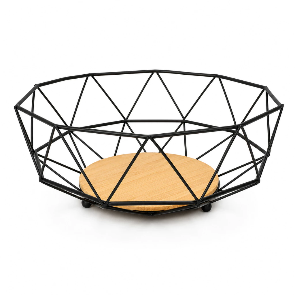 Fruteira de Mesa Bowl Preto Vazada com Suporte de Madeira Escovado Lindo Desigr