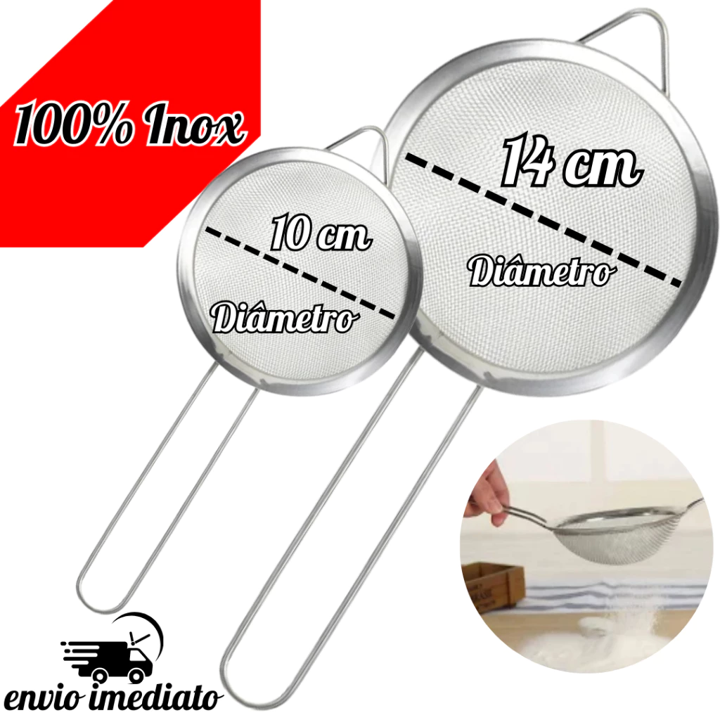 Peneira Multiuso em Aco Inox 10cm ou 14cm Alta Durabilidade para Uso Profissional e Doméstico