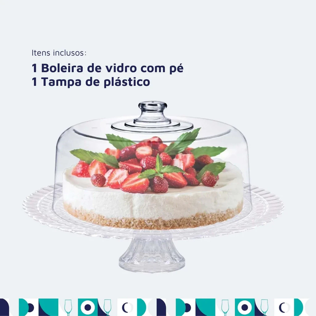 Boleira de Vidro Pé Tampa Acrílica Diamond Viena Premium Suporte para Bolo Tortas Sobremesas Pratc